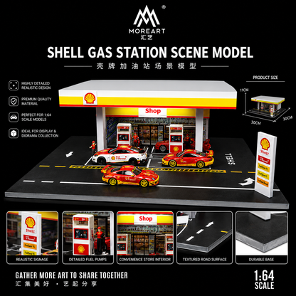 MOREART 1:64 Shell Gas Station Scene Model LED Diorama Display for Diecast Cars | Premium Miniature Display