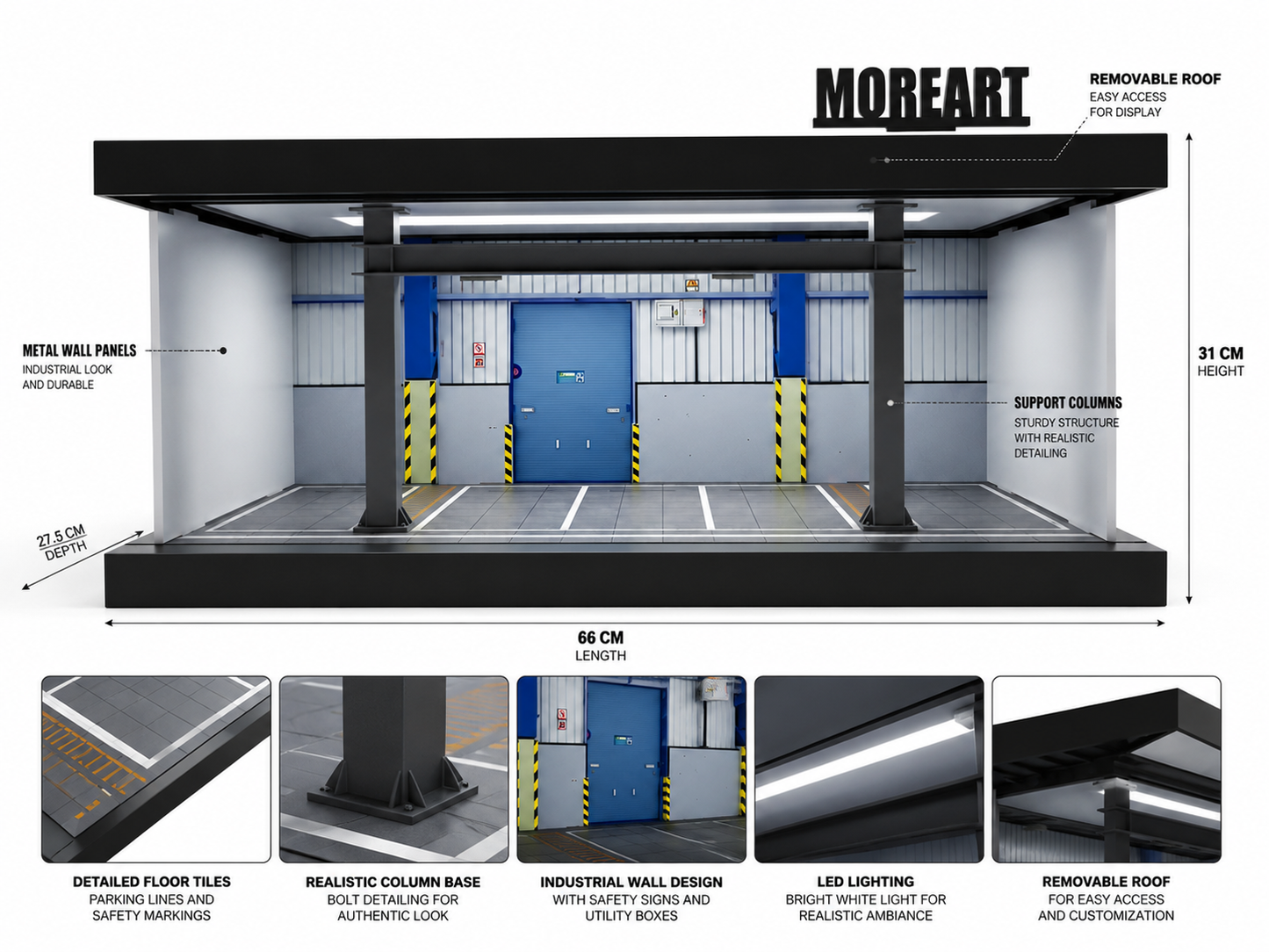 MOREART Industrial Garage Diorama Display Case with LED Lighting | Premium 1:64 Scale Diecast Car Display Scene
