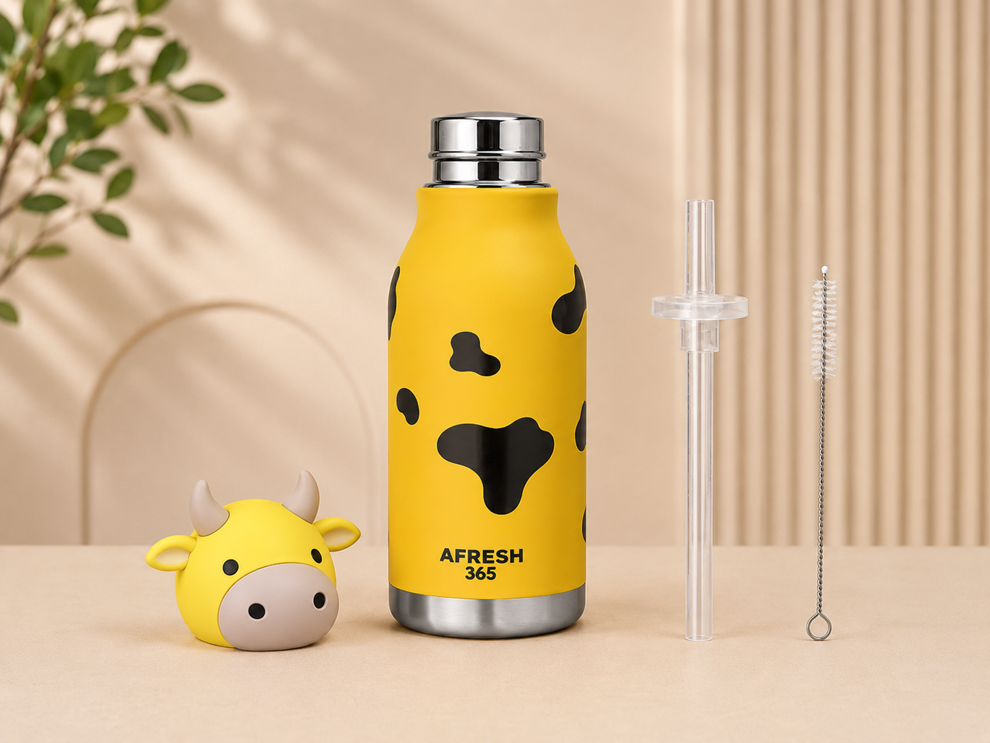 AFRESH 365 Animal Head Collection Cow Stainless Steel Vacuum Insulated Water Bottle 450ml (16oz) with Straw & Carry Strap
