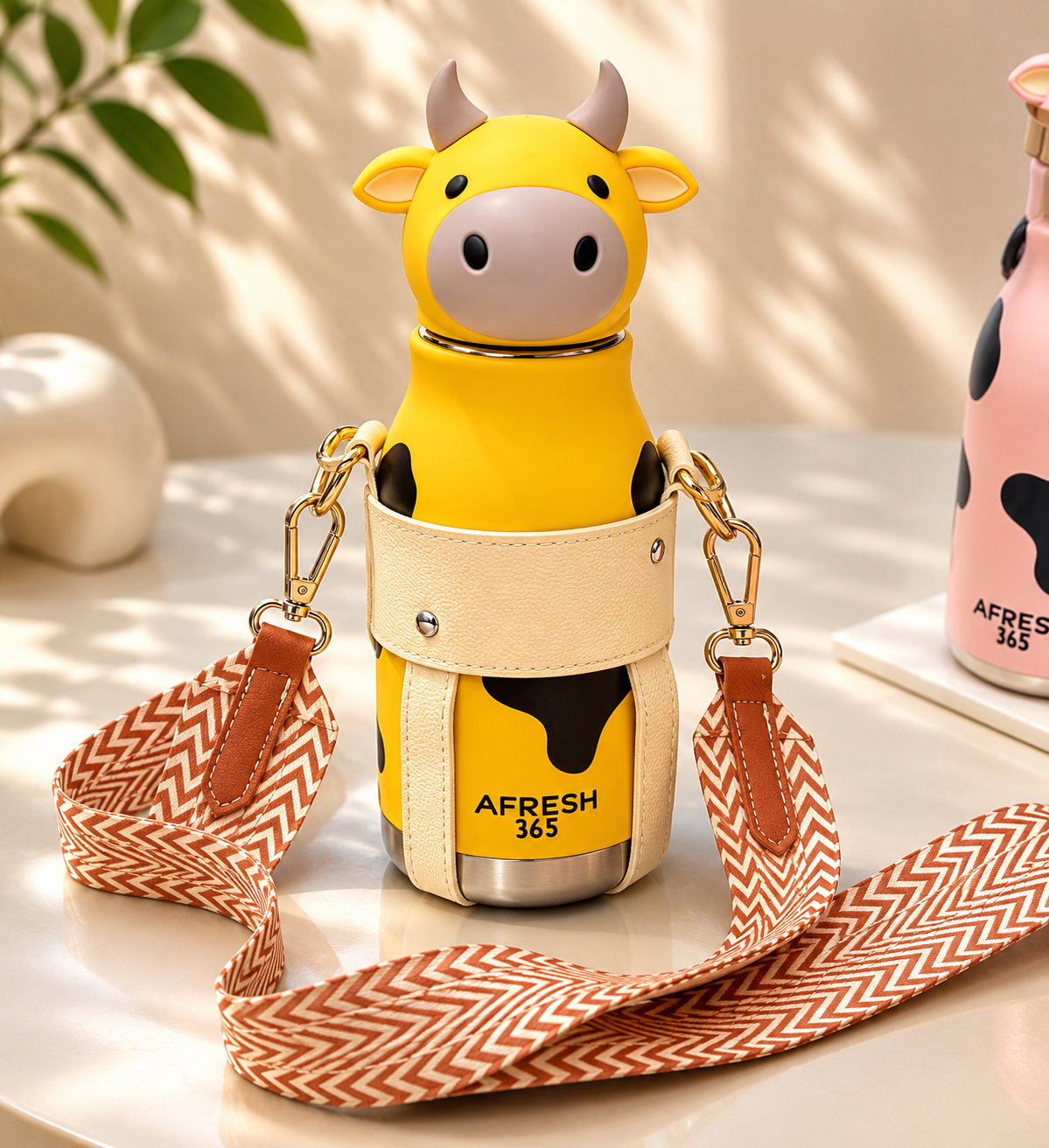 AFRESH 365 Animal Head Collection Cow Stainless Steel Vacuum Insulated Water Bottle 450ml (16oz) with Straw & Carry Strap