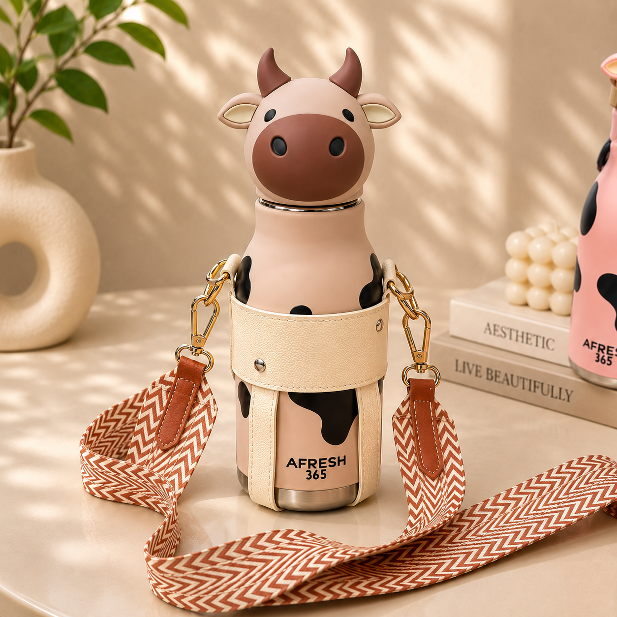 AFRESH 365 Animal Head Collection Cow Stainless Steel Vacuum Insulated Water Bottle 450ml (16oz) with Straw, Cleaning Brush & Carry Strap
