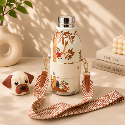 AFRESH 365 Animal Head Collection Puppy Stainless Steel Vacuum Insulated Water Bottle 450ml (16oz) with Straw, Cleaning Brush & Carry Strap