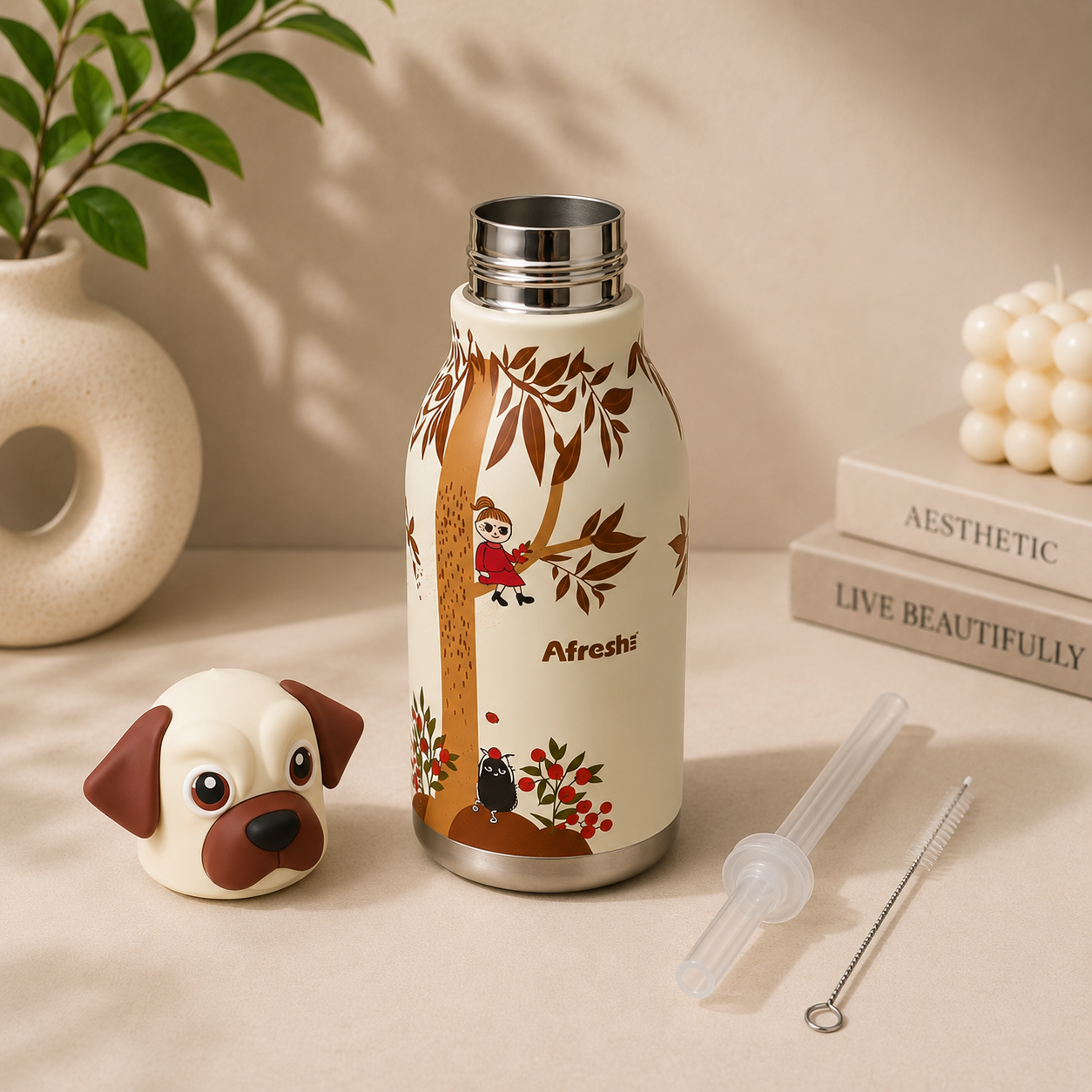 AFRESH 365 Animal Head Collection Puppy Stainless Steel Vacuum Insulated Water Bottle 450ml (16oz) with Straw, Cleaning Brush & Carry Strap