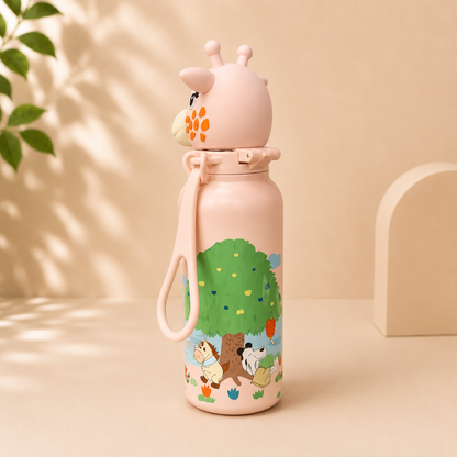 AFRESH 365 Giraffe Collection Stainless Steel Vacuum Insulated Water Bottle 560ml (19oz) | Kids Leakproof Straw Bottle with Flip-Top Lid & Carry Strap