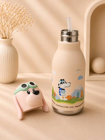 AFRESH 365 Animal Head Collection Puppy Stainless Steel Vacuum Insulated Water Bottle 450ml (16oz) with Straw & Cleaning Brush