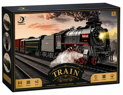 FENMING Classic Steam Train Set with Smoke, Lights & Track Layout | Battery Operated Railway Toy