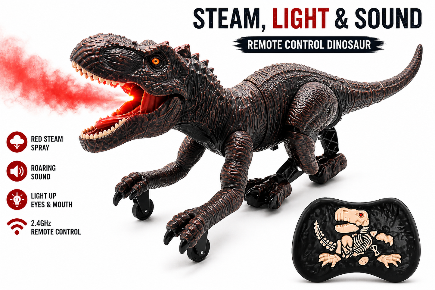 Remote Control 2.4GHz Steam Dinosaur Toy (Maroon) with Light, Sound & Red Mist Spray – RC Walking T-Rex for Kids