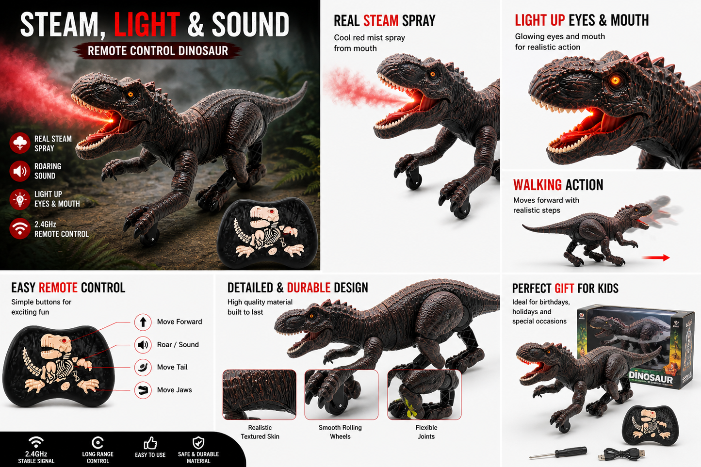 Remote Control 2.4GHz Steam Dinosaur Toy (Maroon) with Light, Sound & Red Mist Spray – RC Walking T-Rex for Kids