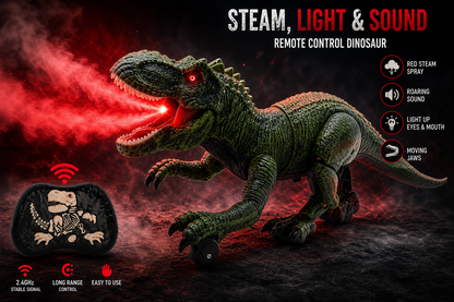 Remote Control 2.4GHz Steam Dinosaur Toy with Light, Sound & Red Mist Spray – RC Walking T-Rex for Kids