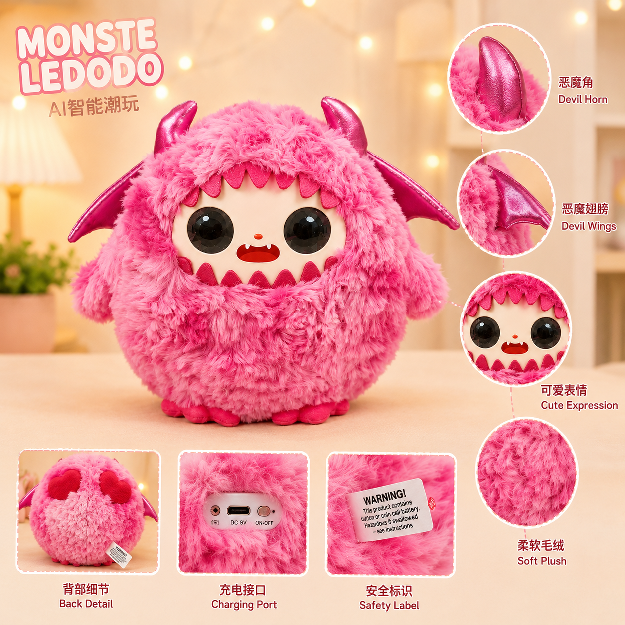 Monster Ledodo AI Interactive Plush Toy | Smart Talking Companion with LED Eyes | App-Controlled AI Plush | Pink Monster