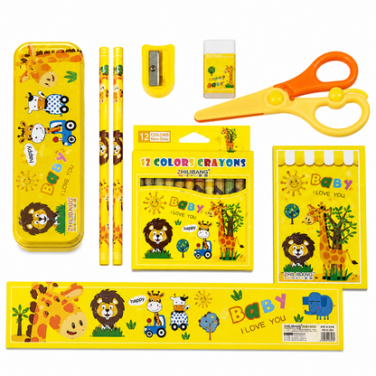 Kids Stationery Gift Set with Drawing Book, Pencil Case, Crayons, Scissors & Writing Supplies | School Essentials Kit for Boys & Girls | Portable PVC Carry Bag | Animal Theme