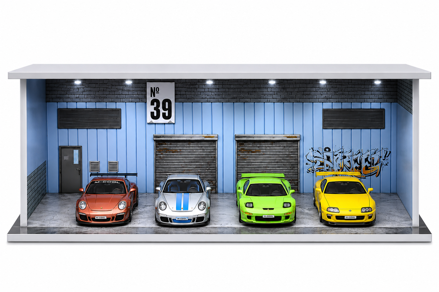 M-COOL Premium 1:64 Scale Double Garage Diorama Display with Industrial Warehouse Scene | Blue Collectible Model Car Display Base