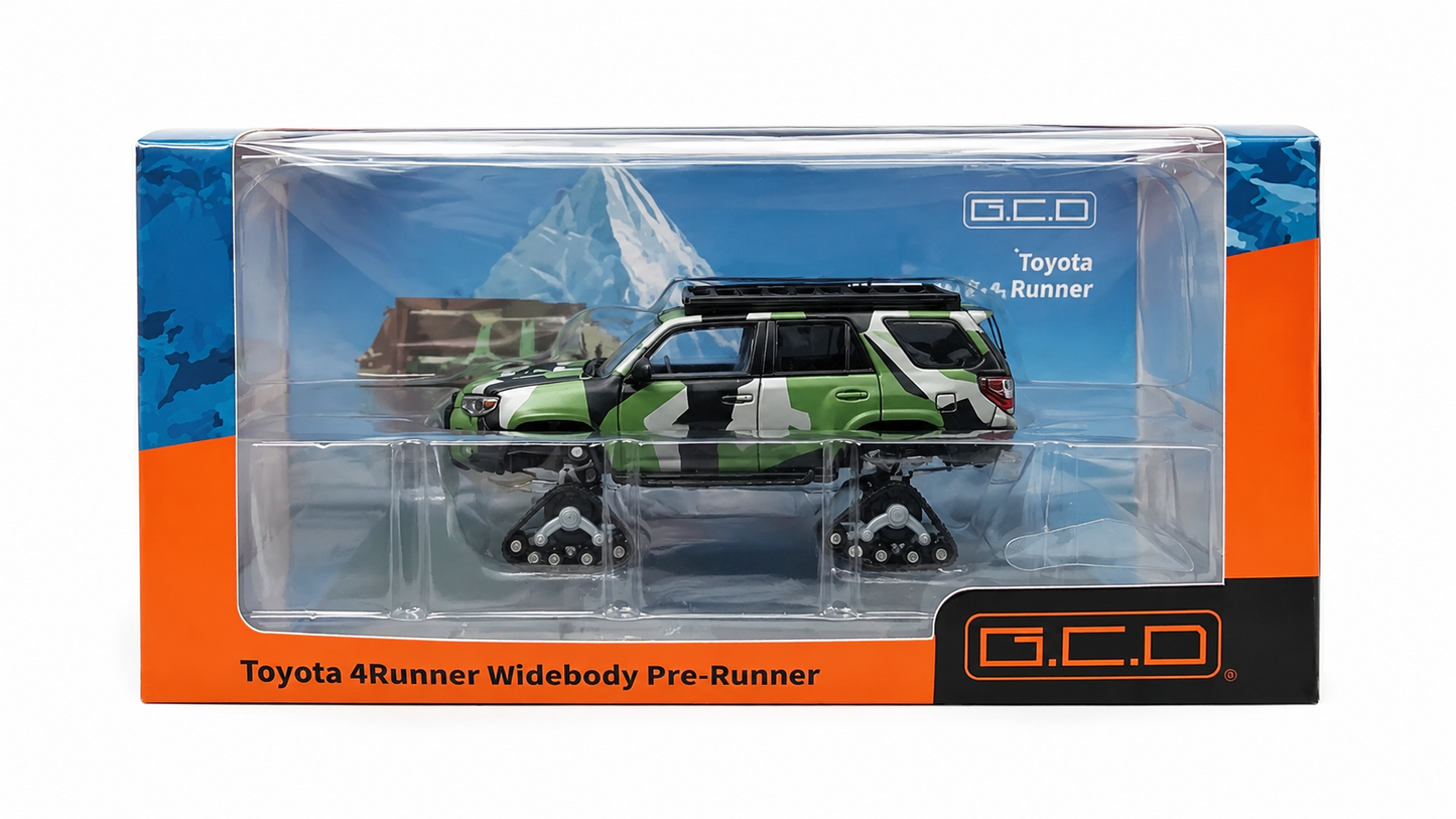 GCD 1:64 Toyota 4Runner Widebody Pre-Runner Camo Diecast Model Car with Snow Tracks & Roof Rack