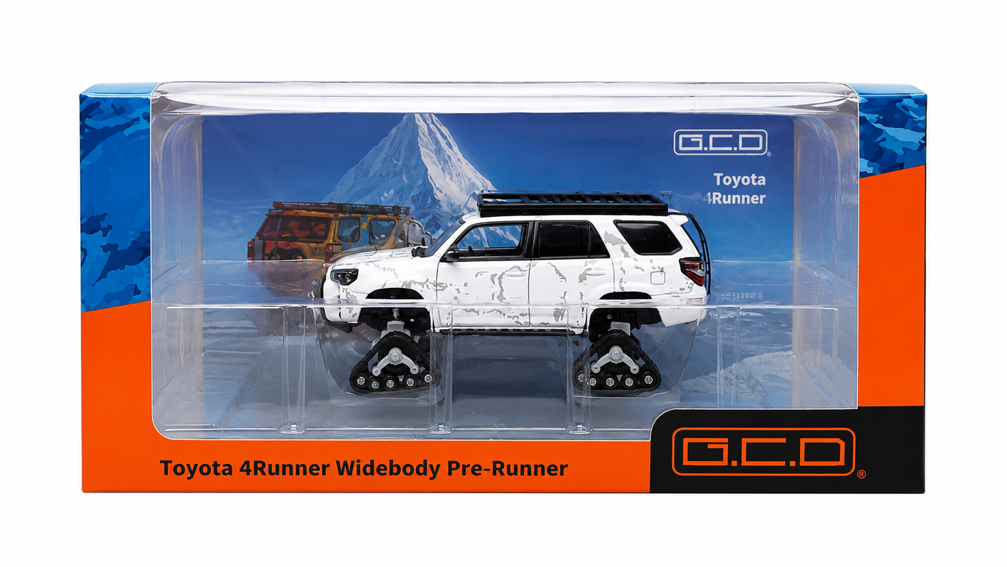 GCD 1:64 Toyota 4Runner Widebody Pre-Runner Arctic White Diecast Model Car with Snow Tracks & Roof Rack
