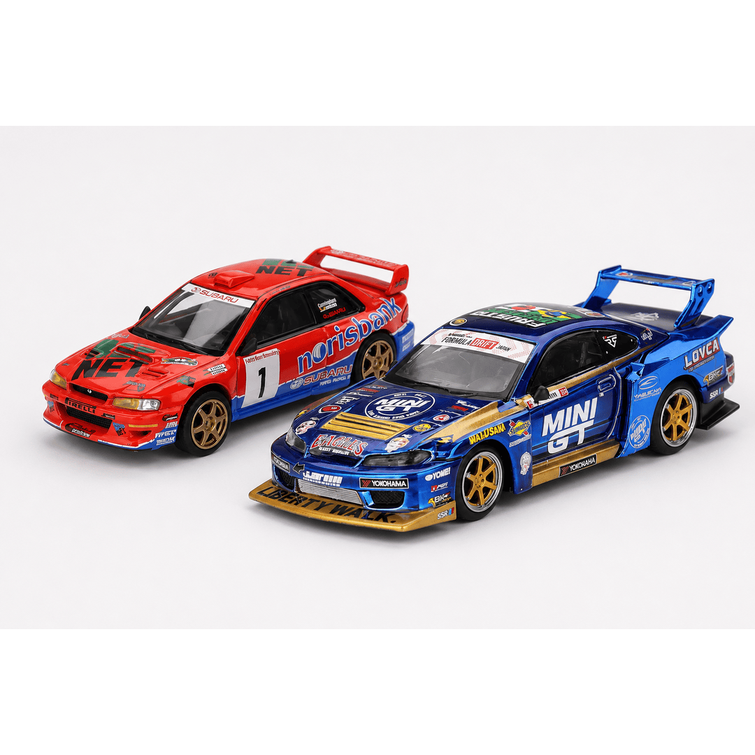 MINI GT 1:64 Nissan Silvia (S15) #555 LB-Super Silhouette Team MINI GT Liberty Walk 2025 Formula Drift & Subaru Impreza WRC97 #1 1999 DRM Champion Norisbank Livery Die-Cast Model Car Set