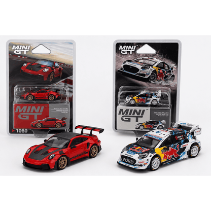 Mini GT 1:64 Porsche 911 (992) GT3 RS Weissach Package Guards Red + Ford Puma Rally1 #13 2024 Rally Monte Carlo Red Bull WRC Diecast Model Car Combo | Premium Collectible Set