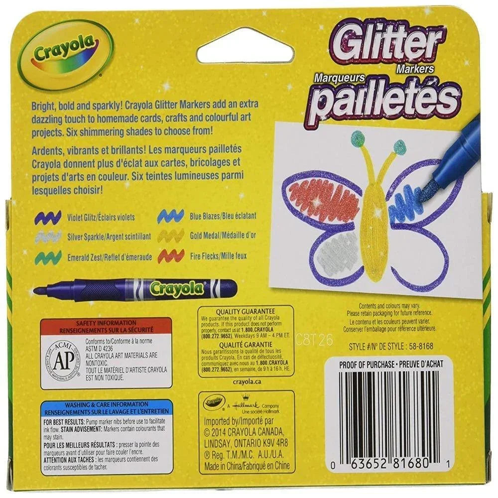 Crayola Glitter Markers pack with six colors, butterfly drawing, and blue marker in use