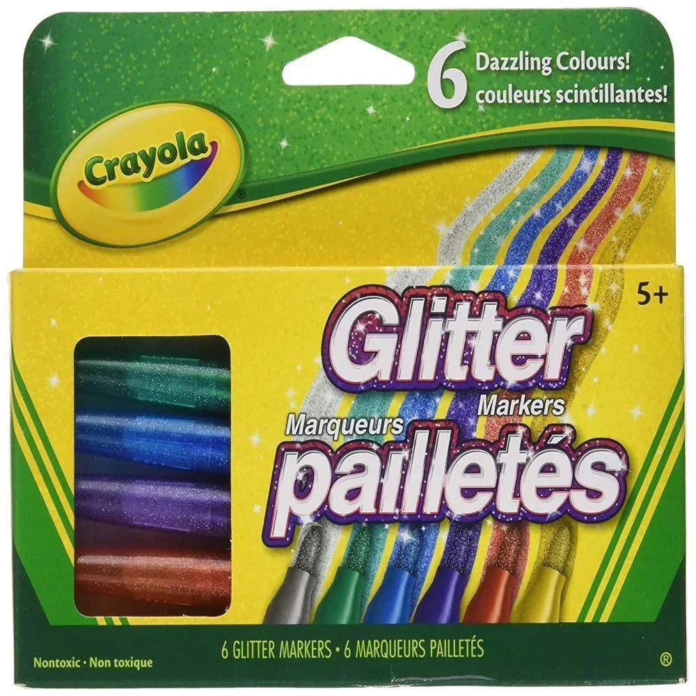 Box of six glitter markers in assorted sparkling colors for arts and crafts, ages 5 and up.