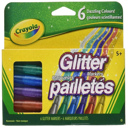 Box of six glitter markers in assorted sparkling colors for arts and crafts, ages 5 and up.