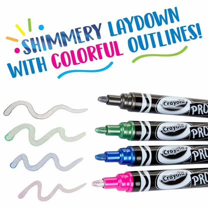 Metallic outline markers set of four with shimmery colorful ink swatches and bold text.