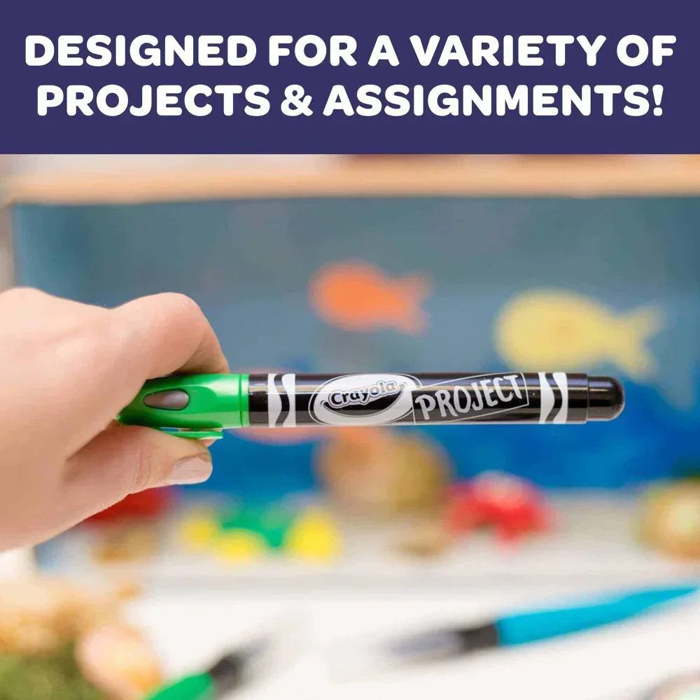 Hand holding Crayola Project metallic outline marker for arts and crafts projects.