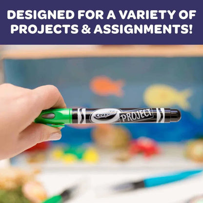 Hand holding Crayola Project metallic outline marker for arts and crafts projects.
