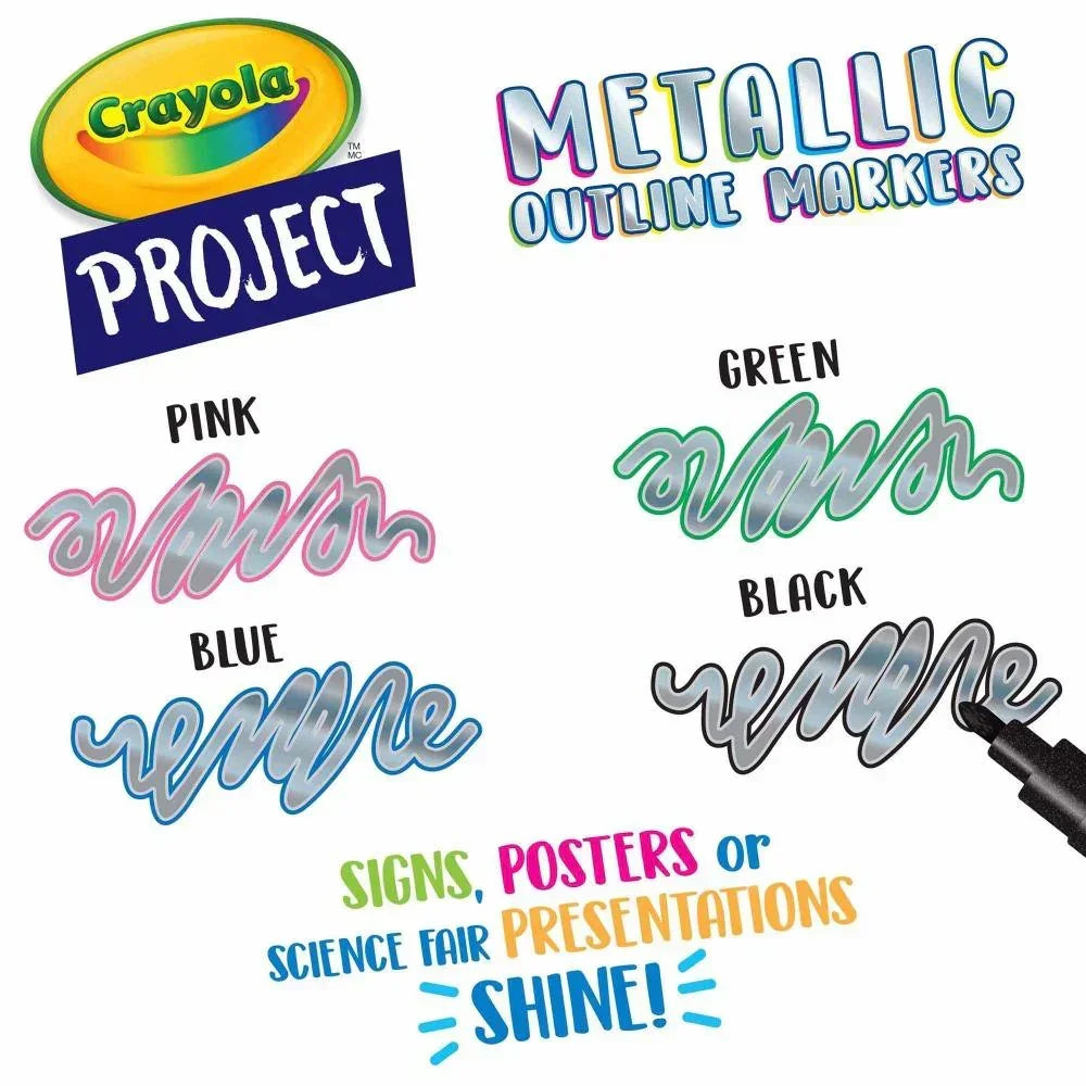 Metallic outline markers in pink, blue, green, and black with colorful scribble samples.