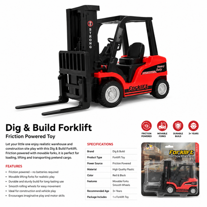 Centy Dig & Build Friction Powered Forklift Toy with Telescopic Mast & Adjustable Forks – Heavy Duty Construction Vehicle for Kids 3+ Years