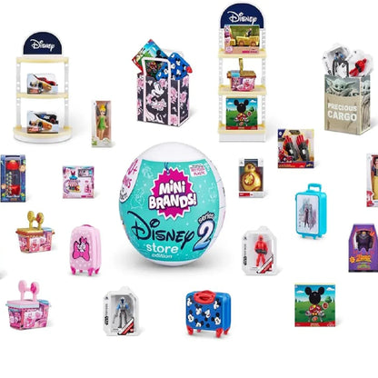 Mini Brands Series 2 Disney Store Edition collectible toys assortment, various Disney-themed miniatures on white background.