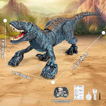 Remote Control 2.4G Walking Dinosaur Toy with Mist Spray, LED Lights & Roaring Sound – RC Robot Dino with 360° Neck Movement for Kids 3+ Years