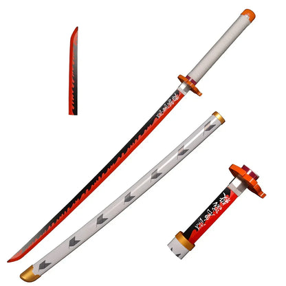 Demon Slayer Rengoku Kyojuro Samurai Sword – Flame Pillar Wooden Katana With Light Effect | Anime Cosplay Prop Sword for Kids & Collectors (Black & Red Blade)