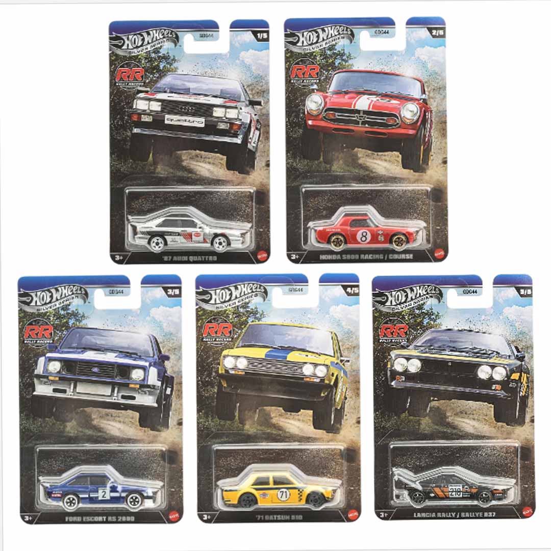 Hot Wheels Silver Series Rally Recs Complete Set of 5 Diecast Cars | Audi Quattro, Honda S800, Ford Escort RS2000, Datsun 510 & Lancia Rally 037 | 1:64 Scale Collectibles