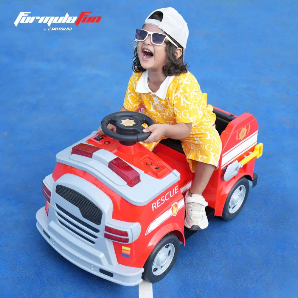 EMotorad Formula Fun Fire Truck Ride-On for Kids (Red) | Battery Operated Emergency Vehicle Toy