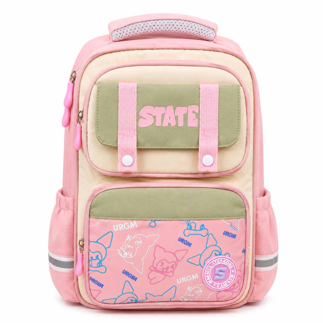 State Kids School Backpack 16Inch | Cute Cartoon Print School Bag with Multiple Compartments, Reflective Strips & Side Bottle Pockets