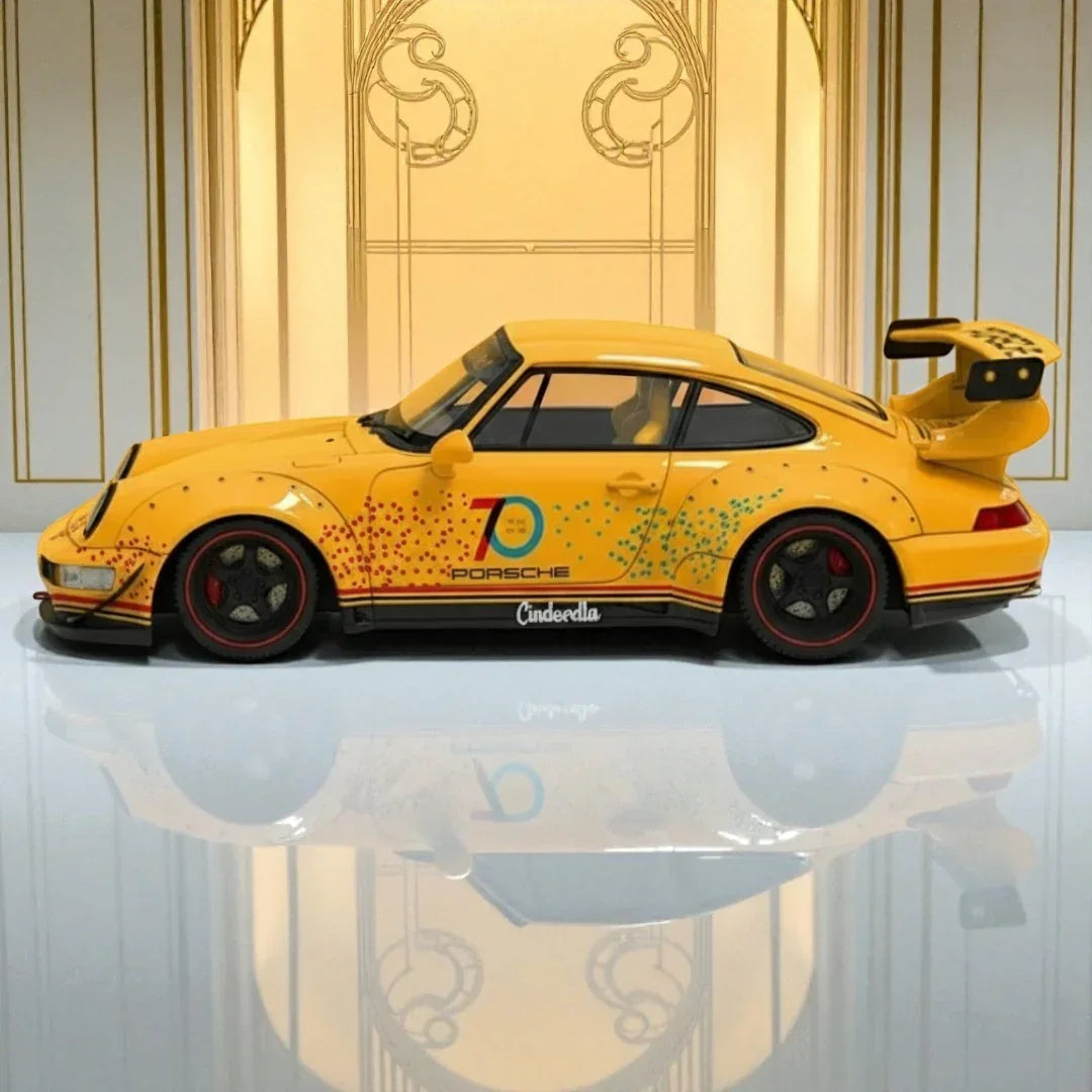 BSC 1:64 Porshce Cinderella Yellow RWB964 70th Anniversary Edition  Diecast Car (Figure Included)