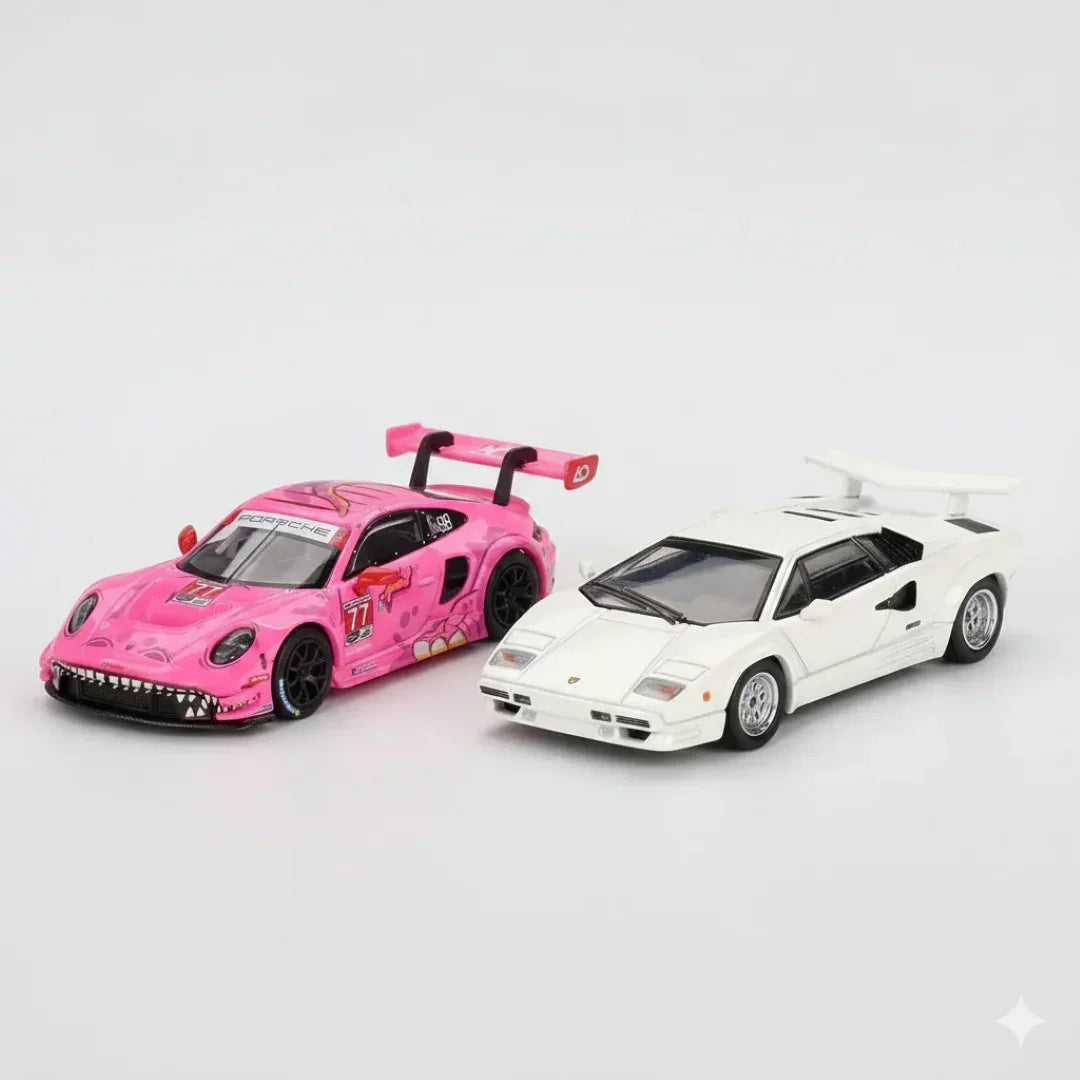 Mini GT 1:64 Duo Set Roxy Porsche 911 GT3 R #77 AO Racing IMSA 2024 + Lamborghini Countach 25th Anniversary White | Premium Diecast Models