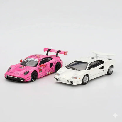 Mini GT 1:64 Duo Set Roxy Porsche 911 GT3 R #77 AO Racing IMSA 2024 + Lamborghini Countach 25th Anniversary White | Premium Diecast Models