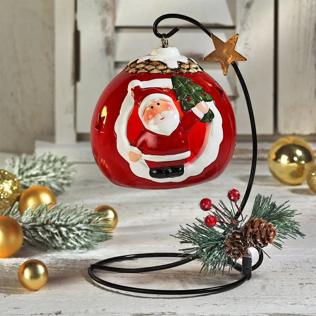 Hanging Santa Christmas Ornament with Metal Stand – Festive Bauble Décor with Pinecone & Berries | Tabletop Christmas Decoration  - 1 Piece