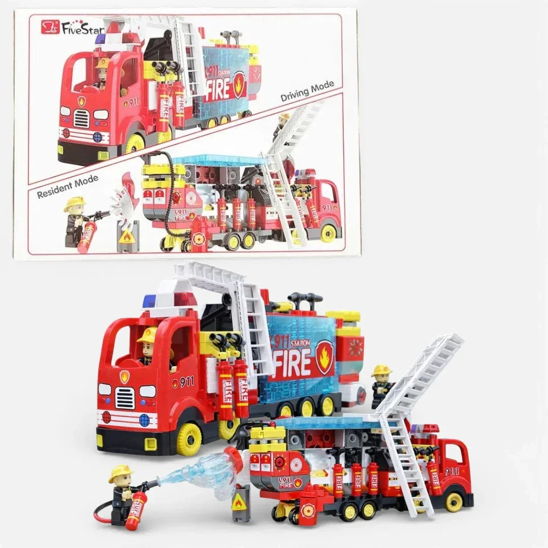 FiveStar 911 Fire Rescue Truck Building Block Set with Ladder & Figures | Transformable Fire Station Toy for Kids