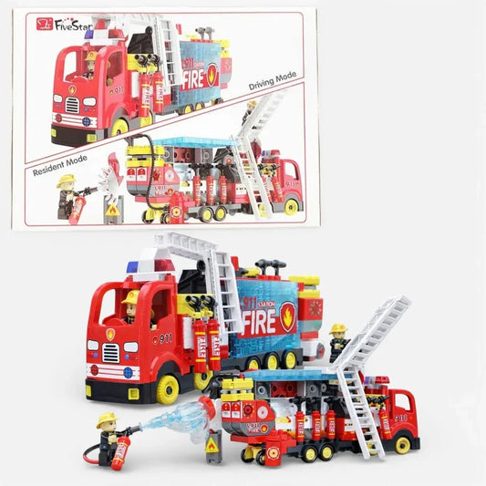 FiveStar 911 Fire Rescue Truck Building Block Set with Ladder & Figures | Transformable Fire Station Toy for Kids