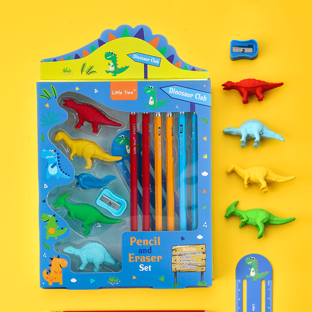 Little Tree Dinosaur Club Theme Pencil And Eraser 13 Pcs Combo Set - Jaiman Toys