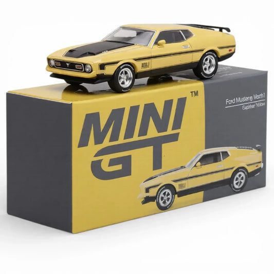 Mini GT 1:64 Ford Mustang Mach 1 Grabber Yellow Diecast Model Car – Classic Muscle Collectible
