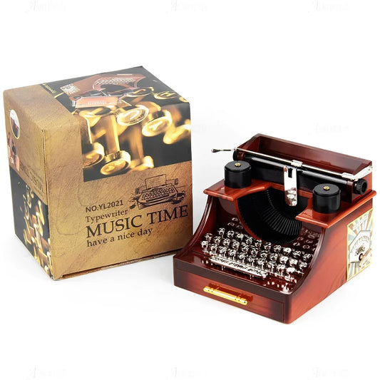 Vintage Typewriter Music Box, Mini Vintage Style Creative Retro Typewriter Clockwork Music Box, Wood Grain Color Jewelry Storage Box for Home Office Table Desk Decoration and Gift - Jaiman Toys