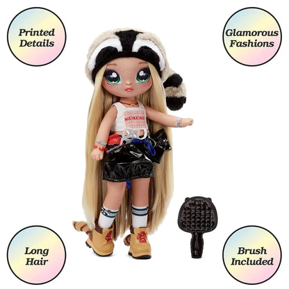 Na! Na! Na! Surprise Teens 11 inch Fashion Doll Gretchen Stripes, Soft, Poseable, Blonde Hair, Cute Animal-inspired Raccoon Hat Outfit &amp; Accessories - Jaiman Toys