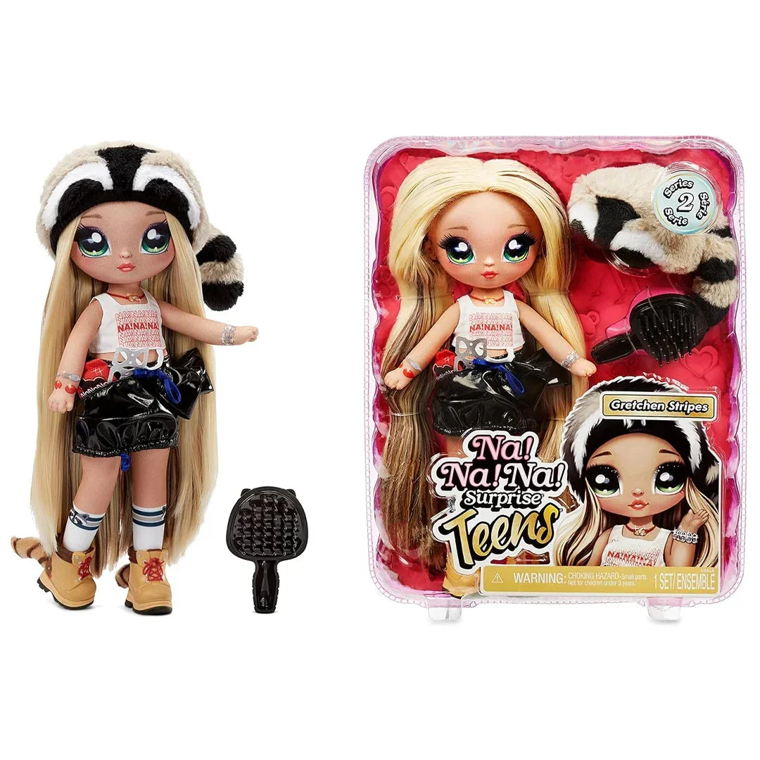 Na! Na! Na! Surprise Teens 11 inch Fashion Doll Gretchen Stripes, Soft, Poseable, Blonde Hair, Cute Animal-inspired Raccoon Hat Outfit &amp; Accessories - Jaiman Toys