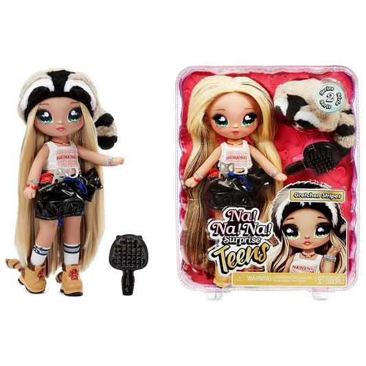 Na! Na! Na! Surprise Teens 11 inch Fashion Doll Gretchen Stripes, Soft, Poseable, Blonde Hair, Cute Animal-inspired Raccoon Hat Outfit &amp; Accessories - Jaiman Toys