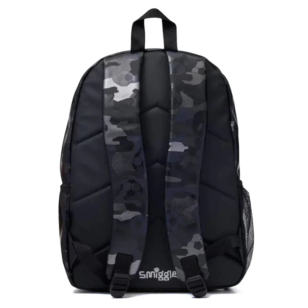 Smiggle 16" Assist Classic School Backpack – Football Metal Zip, Camo Design, Dual Bottle Sleeves