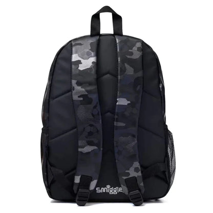 Smiggle 16" Assist Classic School Backpack – Football Metal Zip, Camo Design, Dual Bottle Sleeves