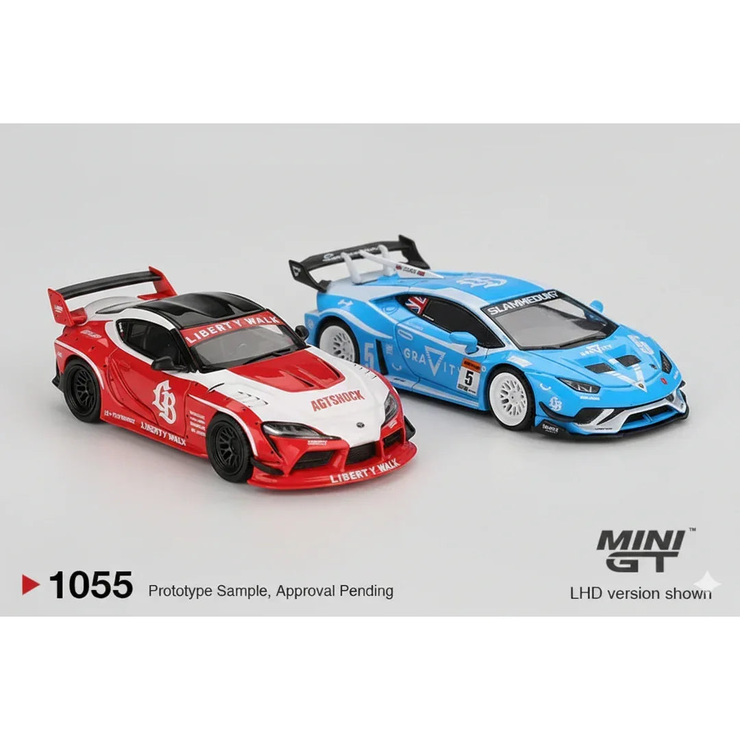 Mini GT 1:64 Duo Set LB★WORKS Lamborghini Huracán GT Gravity Blue + Toyota GR Supra Liberty Walk Red | Premium Diecast Collector Cars
