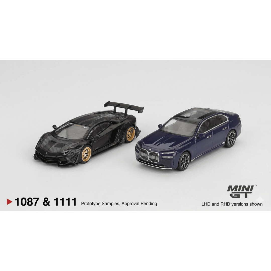 Mini GT 1:64 LB★WORKS Lamborghini Aventador Matte Black + BMW i7 xDrive60 Tanzanite Blue – Limited Edition Diecast Duo Set